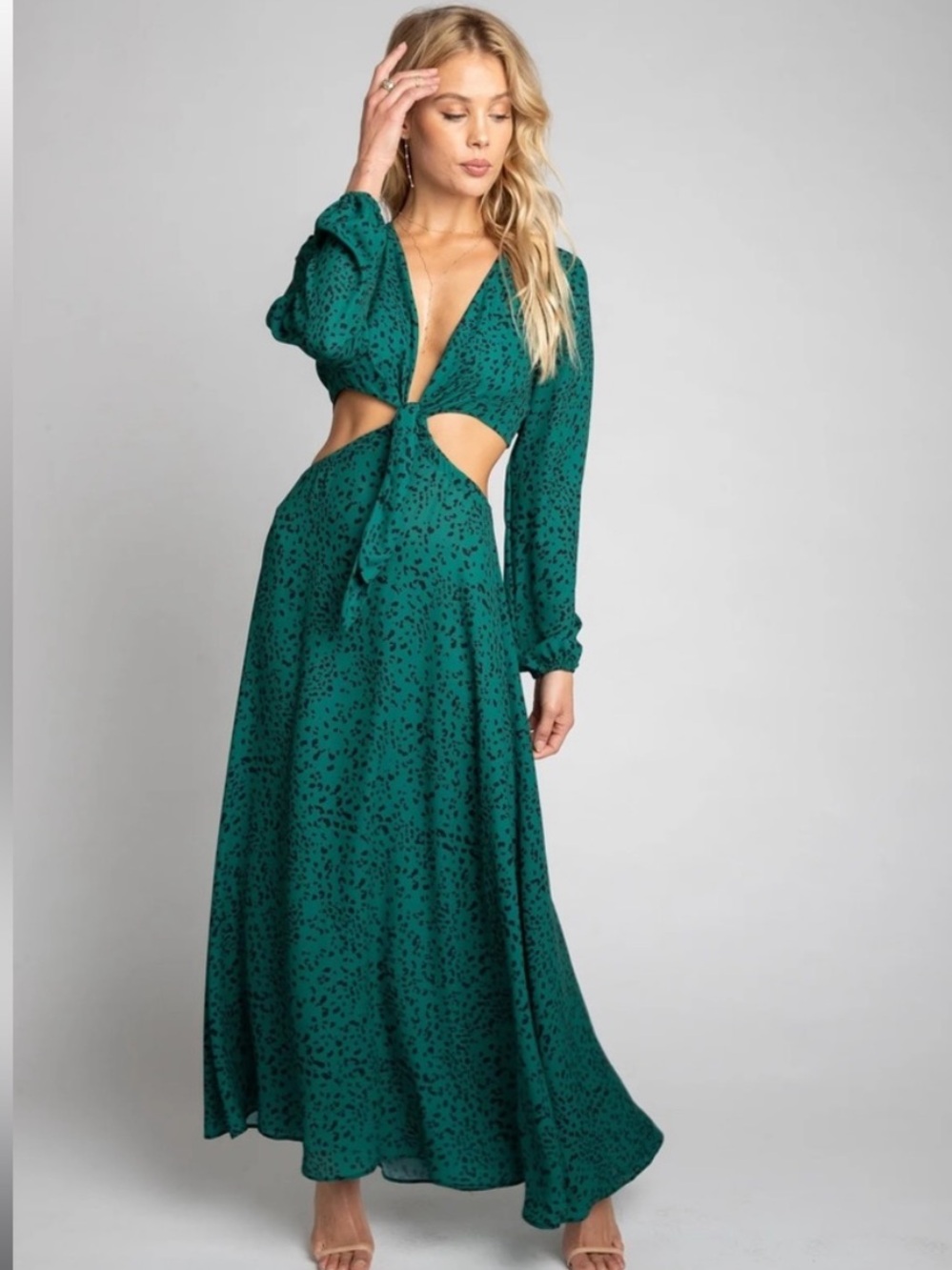 RESA Emerald Green Long Sleeve Maxi Dress with Cutouts